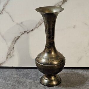 Vtg 10" Floral Engraved Solid Brass Vase Tapered Neck Flared Rim